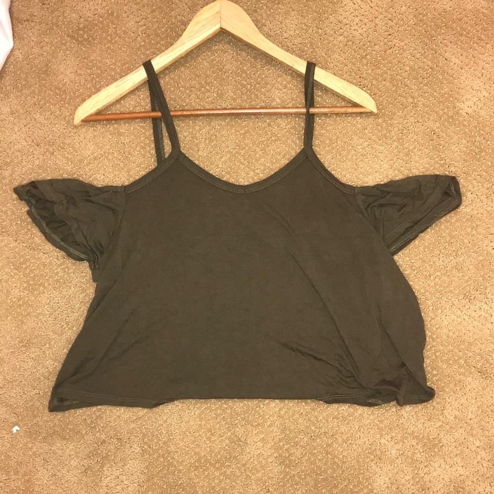 Cropped cold shoulder dark green shirt